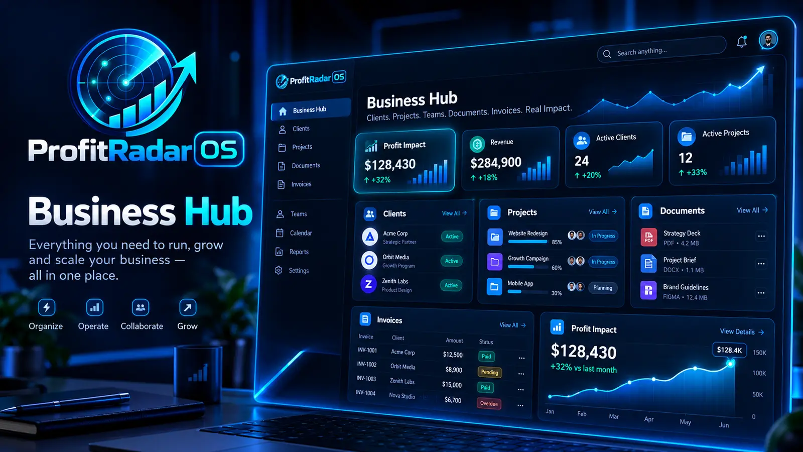 Concept vizual Business Hub: CRM, proiecte, taskuri și documente