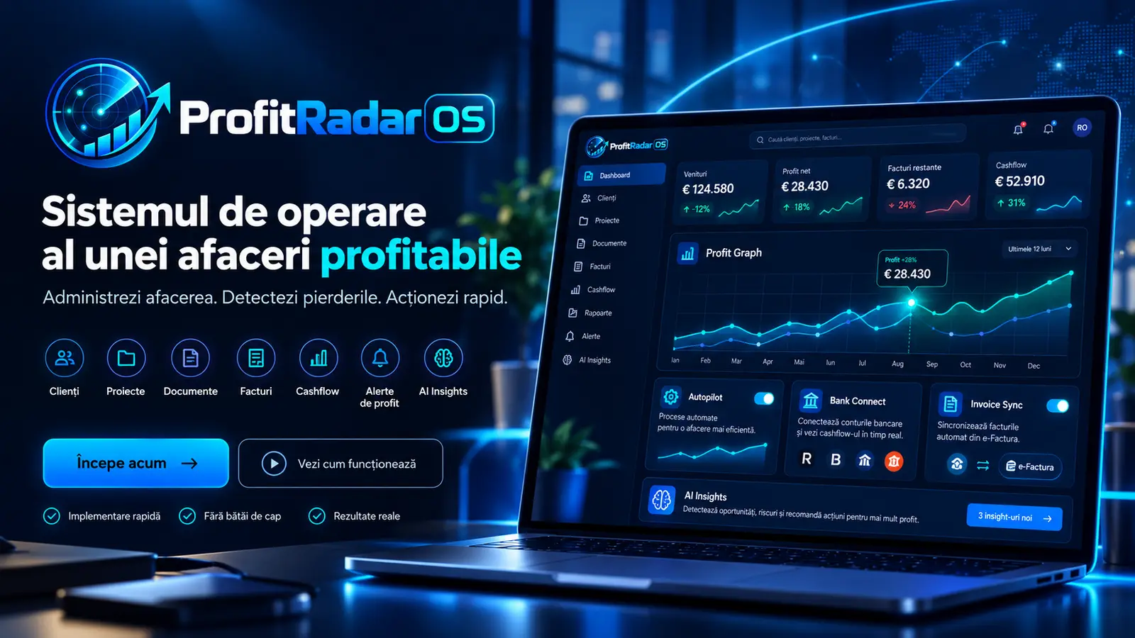 Visual concept: ProfitRadar OS dashboard with profit, cash and alerts